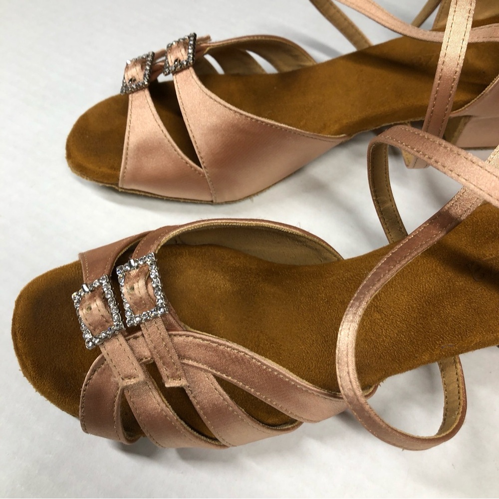 Dance Shoes 7.5 Nude Satin Sandals Rhinestone Buckles 1.5 inch heels Beige Danza - Picture 4 of 9